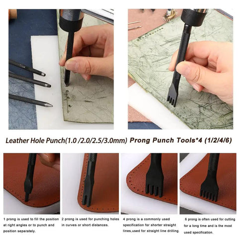 Leather Working Tools Kit For Beginners And Hobbyists, 7 In 1 Stitching Groover Awl Set, punching leather with prong punch tool.
