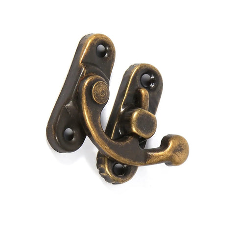 Antique Latch Hook Metal Hasp for Jewelry Boxes and Gift Boxes, Vintage Gold Bronze Finish, ornate design, angled view.