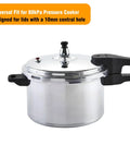 Stainless steel pressure cooker with chrome lid and black handle, vent valve visible.
