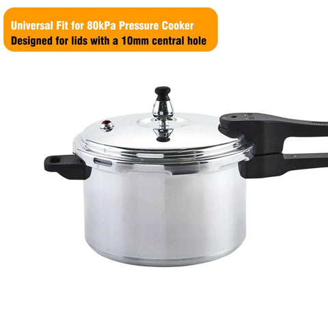 Stainless steel pressure cooker with chrome lid and black handle, vent valve visible.