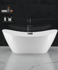 Top Shelf Acrylic Freestanding Soaker Tub Featuring Deep Soaking Pool And Sculpted Curved Backrest For Serious Lumbar Relief And Prime Chill Vibes In Crisp White against black wall.