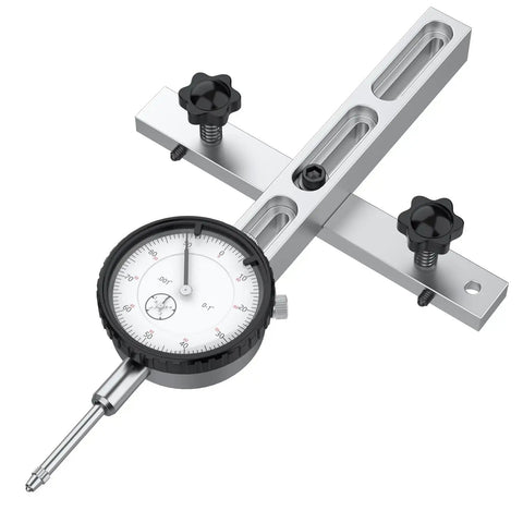 Table Saw Dial Indicator Gauge 0 To 1 Inch With 0.001 Inch Precision, tool with metal gauge and adjustment knobs.