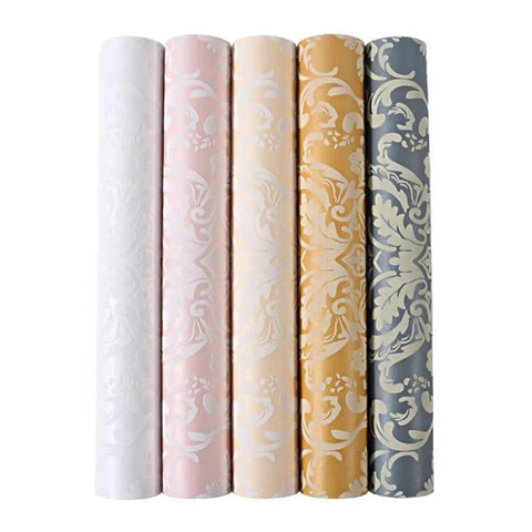 Vintage Cream White Victorian Damask Wallpaper Roll Featuring Rich Embossed Non Woven Texture For Bedroom Living Room Decor That Will Instantly Level Up Your Home Vibe, showcasing rolls in various colors.