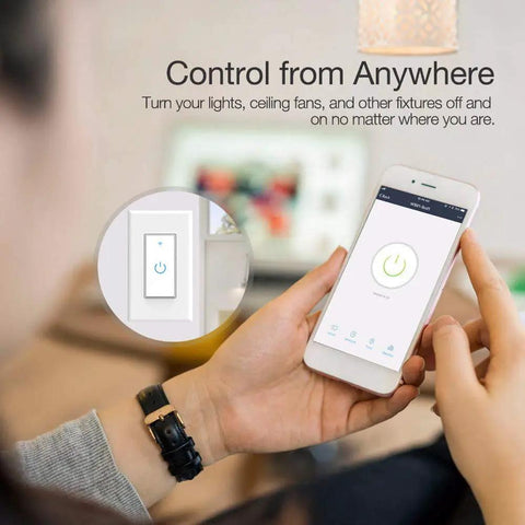 Person using smartphone to control Three Gang In Wall Smart Light Switch Kit With 2.4Ghz WiFi, Touch LED Backlit Panel, wall switch close-up.