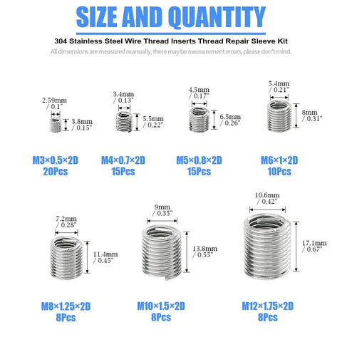 Stainless Steel Thread Inserts Kit 84 Pcs Set For Thread Repair M3 To M12 7 Sizes Helicoil Type Coiled Wire Sleeves 304