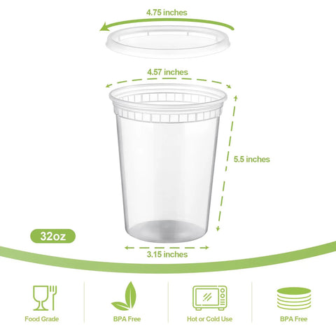 Diagram of Twenty Pack 32 Oz Deli Containers With Lids Airtight Food Storage For Takeout And Meal Prep Freezer Safe BPA Free.