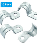 Four zinc-plated steel M12 pipe strap brackets with one mounting hole for 1/2-inch conduit (front view)