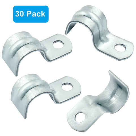 Four zinc-plated steel M12 pipe strap brackets with one mounting hole for 1/2-inch conduit (front view)
