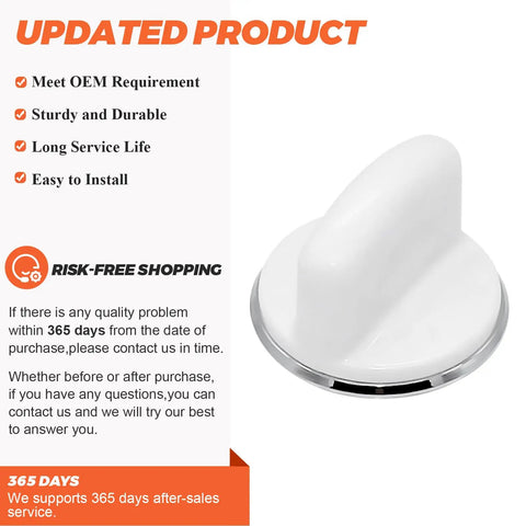 White Washer Control Knob Replacement Dial 2 Inch Wide 1.75 Inch High Snap On Fit For Most Washers No Fuss Easy Install Replaces 1264403 AP3994965 AH1482286 EAP1482286 PS1482286 white knob with chrome ring