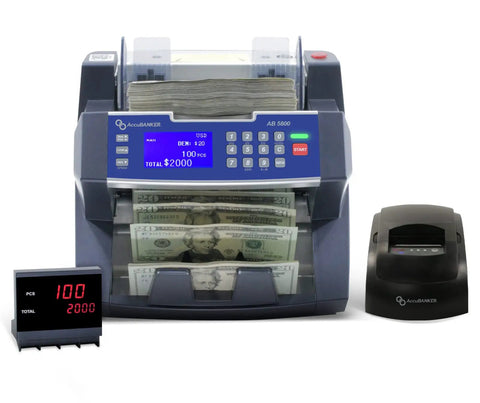 Bank Grade Bill Counter With Batch Value And Total Denomination Calculator, Multi Currency Money Counter With 3 Point Counterfeit Detection MG And UV, 300 Bill Hopper, Perfect For USD EUR CAD MXN Cash Handling showing bills and display screen