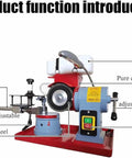 Professional Grade Circular Saw Blade Sharpener With Adjustable Rotary Mill Grinding Attachment For Carbide Tipped Cutters On Wood Or Plastic showing features like grinding wheel and water tank.