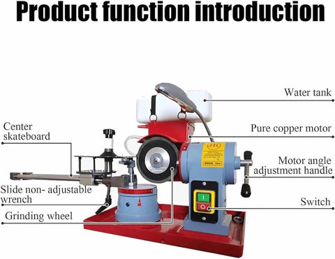 Professional Grade Circular Saw Blade Sharpener With Adjustable Rotary Mill Grinding Attachment For Carbide Tipped Cutters On Wood Or Plastic showing features like grinding wheel and water tank.