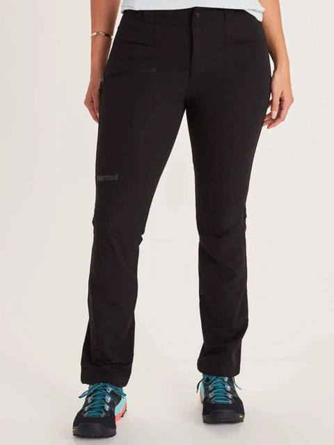 Scree Pant Womens Black Size 14 Soft Shell Hiking Trousers with Drawstring Closure, full front view showcasing fit and pockets.