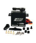 Hella Durable 85Kg High Torque Digital Servo With Waterproof Brushless Motor And Steel Gears For 0.08Sec Speed At 16.8V with connectors and screws.