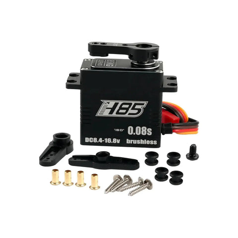 Hella Durable 85Kg High Torque Digital Servo With Waterproof Brushless Motor And Steel Gears For 0.08Sec Speed At 16.8V with connectors and screws.