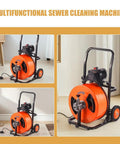 Heavy Duty Auto Feed Drain Auger Snake Machine Packs Four Swappable Cutters For Slashing Through Gnarly Pipe Clogs In Sewers Toilets Sinks And Floor Drains Fast, seen from different angles.
