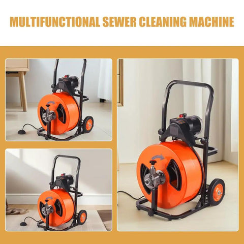 Heavy Duty Auto Feed Drain Auger Snake Machine Packs Four Swappable Cutters For Slashing Through Gnarly Pipe Clogs In Sewers Toilets Sinks And Floor Drains Fast, seen from different angles.