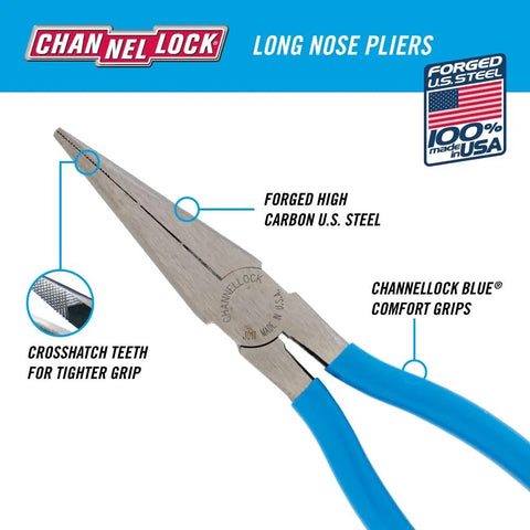 8 Inch Long Nose Pliers For Precise Grips And Craftwork with blue handle and cross-hatched teeth for tight grip, durable steel construction.