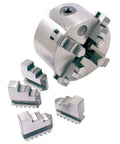 4 Jaw Self Centering Lathe Chuck 3 Inch With 3 M6 Mounting Holes, interchangeable jaws and semi steel build visible