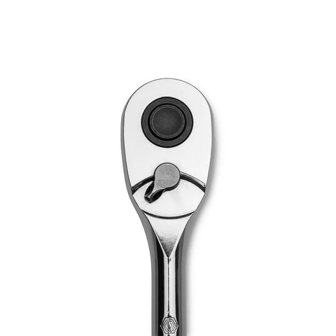 Half Inch Drive Quick Release 72-Tooth Ratchet With Teardrop Head Full Polished Chrome Finish Five Degree Ratcheting Arc For Tight Spaces Fast Engagement Workhorse Tool To Tighten Or Loosen Large Fasteners Durable Pro Grade Build