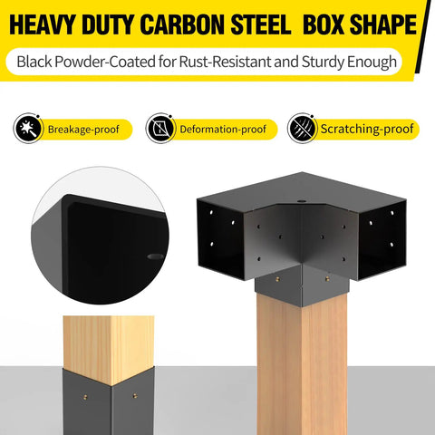 3 Way Right Angle Pergola Brackets For 4x4 Lumber DIY Kit With Screws shown in black powder coated steel, installed view