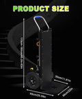 Heavy Duty Electric Stair Climbing Hand Truck With 880 Lb Capacity And Powerful Motor showing size dimensions on a stairway backdrop.