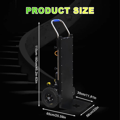Heavy Duty Electric Stair Climbing Hand Truck With 880 Lb Capacity And Powerful Motor showing size dimensions on a stairway backdrop.