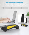Compact Bluetooth Barcode Scanner for 1D and 2D Codes displayed with gadgets, shows 3-in-1 connection mode compatibility.