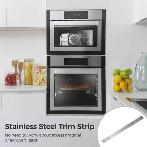 Installed Durable 304 Stainless Steel Trim Strip With Adhesive Backing in kitchen, shown around cabinet edge, close-up view.