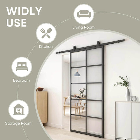 Interior with DIY Glass Sliding Kitchen Barn Door 42 Inch Wide 84 Inch High With Aluminum Frame And 5 Lite Tempered Glass Panels