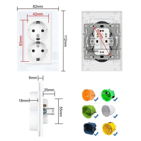 Stunning French Style 16A Double Wall Socket Boasts Tempered Glass Panel And Fresh Black Look For 220V Systems dimensions and color options.