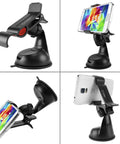 Universal Car Phone Mount Holder With Industrial Strength Sticky Gel Pad And Quick One Hand Release Cradle For Dashboard Windshield showing multiple angles.