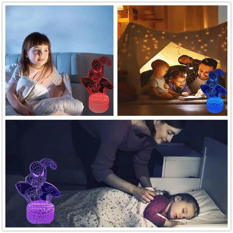 3D Illusion LED Night Light For Kids With 16 Color Changing Modes, Touch And Remote Control, superhero themed bedroom lamp shown with children