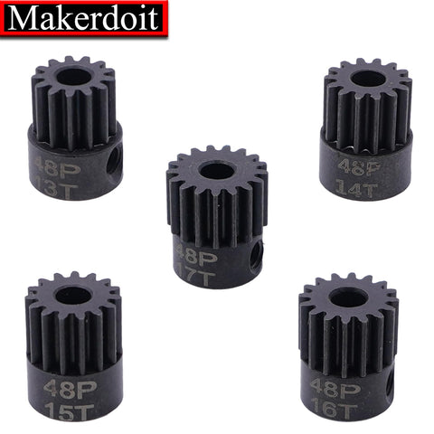 RC Pinion Gear Set 48P 3.175mm Shaft Hardened Steel 5 Pack Includes 13T 14T 15T 16T 17T displayed on white background