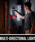 Heavy Duty Led Work Light 12 Volt Compact Task Lamp Rock Solid Job Site Illumination Built Tough For Crews And Tradesmen Long Lasting Brightness, illuminating electrical panel in a workspace.