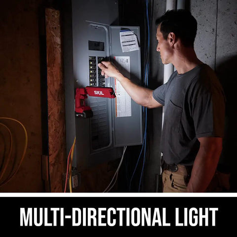 Heavy Duty Led Work Light 12 Volt Compact Task Lamp Rock Solid Job Site Illumination Built Tough For Crews And Tradesmen Long Lasting Brightness, illuminating electrical panel in a workspace.