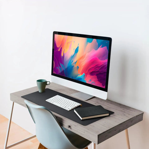 Go To Premium Leather Desk Pad 36 By 20 Inch Waterproof Reversible PU Leather Mat on office desk with monitor and cup