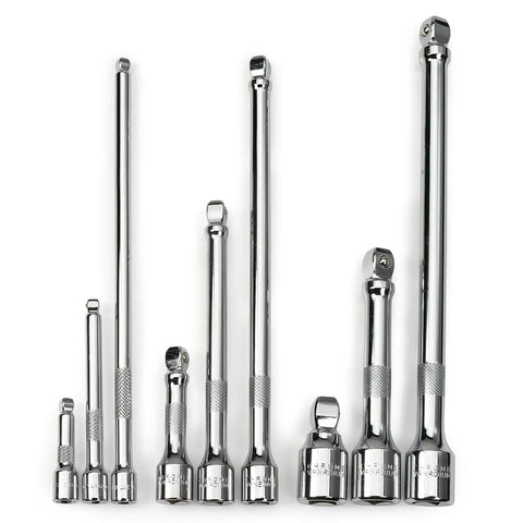 Nine Piece Grab And Go Wobble Extension Bar Set for Sockets With 16 Degree Convex Anvil, Chrome Vanadium Steel Construction, Fits One Quarter Inch, Three Eighths Inch, and One Half Inch Drive Ratchets, Durable Low Clearance Angled Access for Tight Spots displayed in a row
