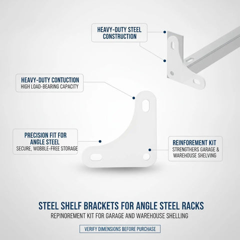 Diagram of Heavy Duty Shelf Bracket Reinforcement Kit For Angle Steel Racks, detailing steel construction and precision fit.