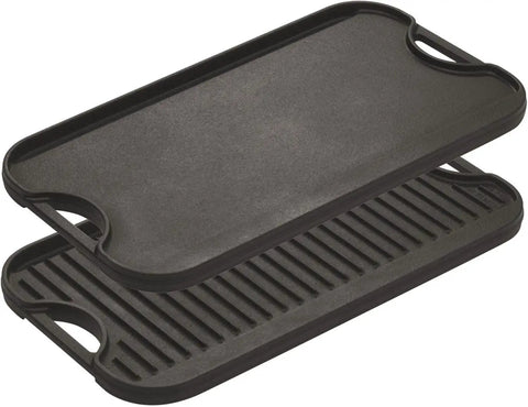 Dual Sided Cast Iron Grill And Griddle for Double Burner Stovetops with flat and ribbed surfaces for versatile cooking.