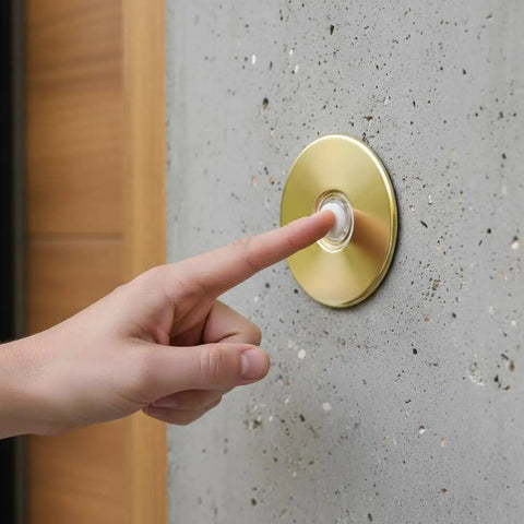 Hand pressing Lit Stucco Pushbutton Doorbell Button with Gold Rim Pearl Button 5/8 Inch Diameter on 2-1/2 Inch Aluminum Plate