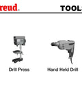 Freud drill press and hand held drill side by side, labeled for TOOL section display.