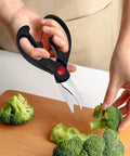 Person using Boss All Purpose Kitchen Scissors 3 Pack Set For Poultry Fish And Vegetables Stainless Steel Sharp Shears to cut broccoli