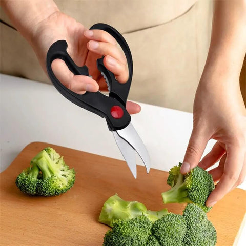 Person using Boss All Purpose Kitchen Scissors 3 Pack Set For Poultry Fish And Vegetables Stainless Steel Sharp Shears to cut broccoli