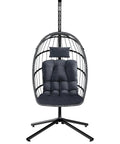 Cozy Outdoor Egg Chair With Stand, Wicker Hanging Swing Chair With Cushion, 350 Lb Weight Capacity For Patio Garden Balcony And Bedroom, Tool Free Assembly In Under 30 Minutes, Dark Grey