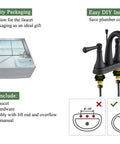 Matte Black 4 Inch Bathroom Sink Faucet With Three Hole Centerset Two Handles Metal Casting Spout Sleek Modern RV Farmhouse Vanity Faucet Include Drain With Overflow And Lift Rod packaged with installation instructions and hardware
