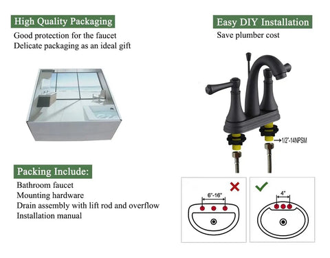 Matte Black 4 Inch Bathroom Sink Faucet With Three Hole Centerset Two Handles Metal Casting Spout Sleek Modern RV Farmhouse Vanity Faucet Include Drain With Overflow And Lift Rod packaged with installation instructions and hardware