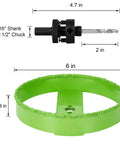 Two tools: 6-inch carbide hole saw with arbor for recessed lights; green 6-inch drywall hole saw ring.