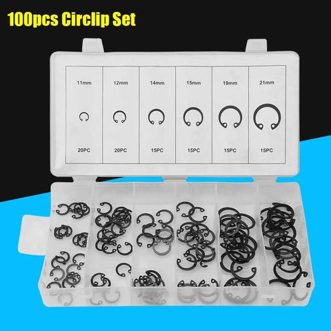 Circlip Retaining Ring Kit 100 Piece Set In 6 Sizes From 11mm To 21mm Snap Ring Assortment box with labeled compartments