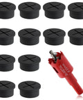 12 Pieces 1 Inch Desk Grommets And 1 Inch Hole Saw Set Black ABS Engineering Plastic Durable Cable Management For Desks Tables Cabinets Counters And Furniture Ideal For Home Office Desks Conference Tables Workshops set with 12 black grommets and red hole saw.